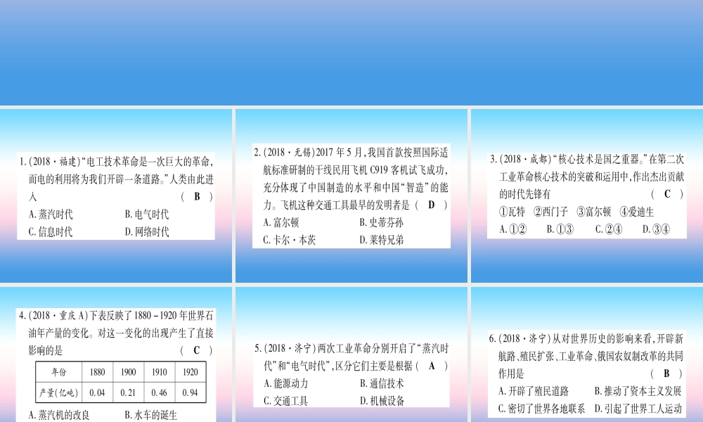 (云南专用)中考历史总复习 第一篇 考点系统复习 板块4 世界古、近代史 主题五 第二次工业革命和近代科学文化(精练)课件