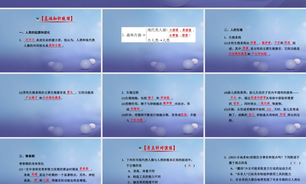 中考生物一轮复习 第四单元 第一章 人的由来课件 新人教版 课件