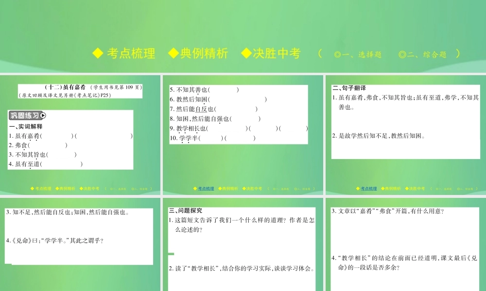 中考语文复习 第二部分 古诗文积累与阅读 专题二 文言文(十二)(虽有佳肴)课件