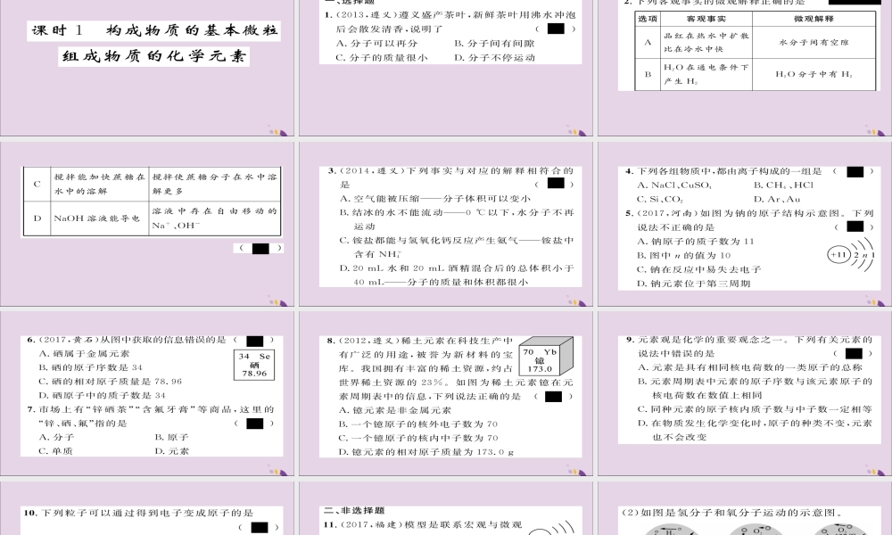 (遵义专版)中考化学总复习 第1编 教材知识梳理篇 第3章 物质构成的奥秘 课时1 构成物质的基本微粒 组成物质的化学元素(精练)课件