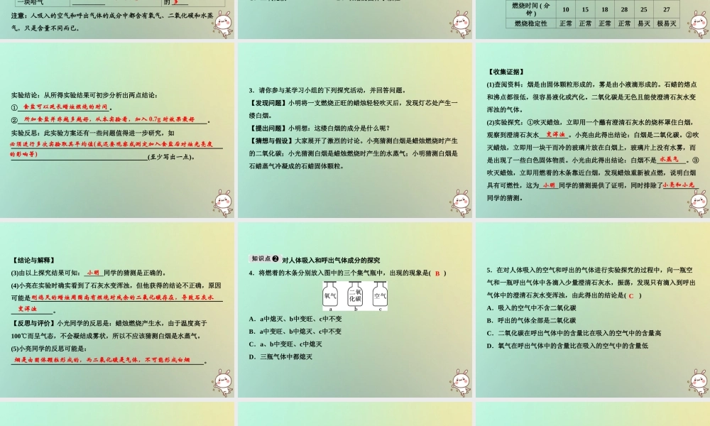 九年级化学上册 第1单元 走进化学世界 专题突破一 对蜡烛燃烧，人体吸入和呼出气体成分的探究作业课件 (新版)新人教版 课件