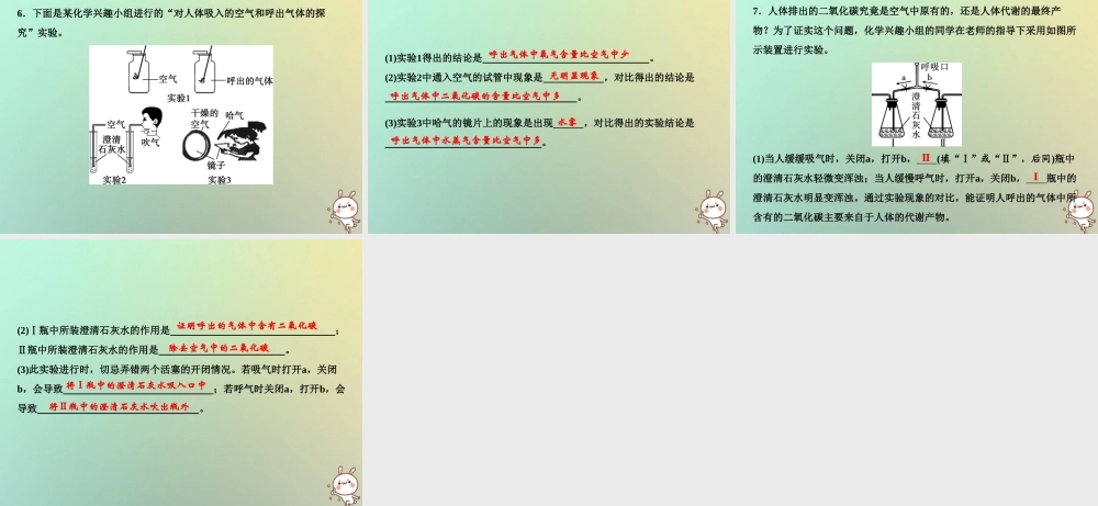 九年级化学上册 第1单元 走进化学世界 专题突破一 对蜡烛燃烧，人体吸入和呼出气体成分的探究作业课件 (新版)新人教版 课件