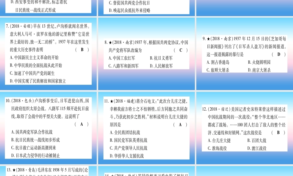 (甘肃专用)中考历史总复习 第一篇 考点系统复习 板块二 中国近代史 主题六 中华民族的抗日战争(精练)课件