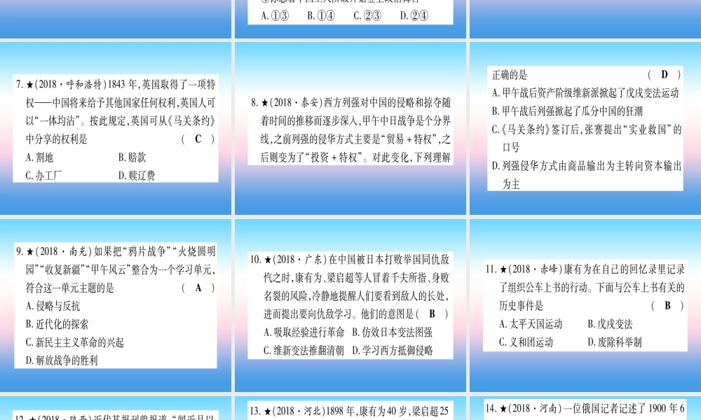 (甘肃专用)中考历史总复习 第一篇 考点系统复习 板块二 中国近代史 主题二 近代化的早期探索与民族危机的加剧(精练)课件