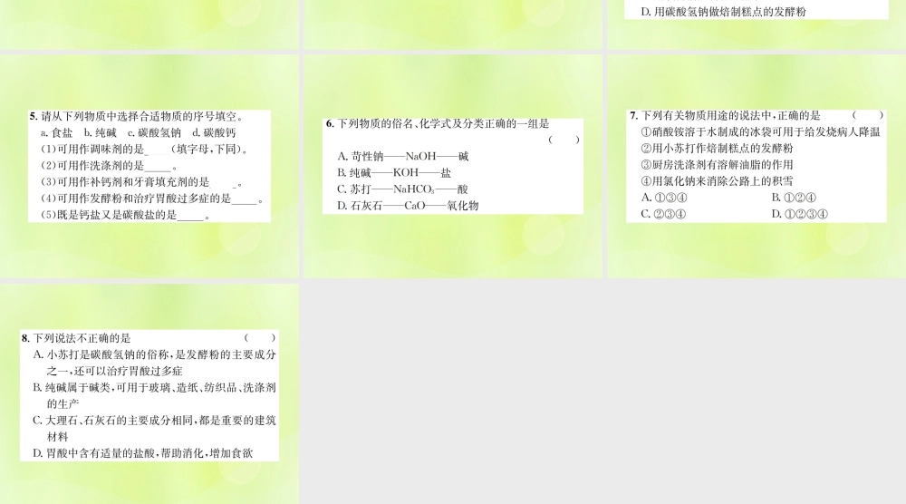 九年级化学下册 第十一单元 盐 化肥 课题1 第1课时 氯化钠、碳酸钠、碳酸氢钠和碳酸钙复习课件 (新版)新人教版 课件