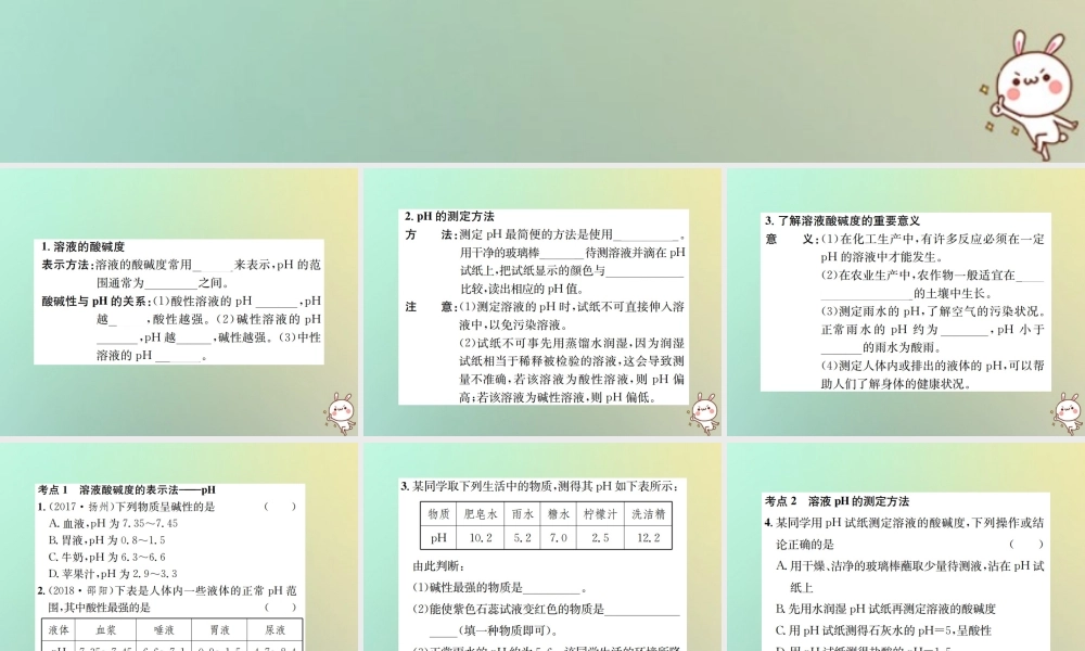 九年级化学下册 第十单元 酸和碱 课题2 酸和碱的中和反应 第2课时 溶液的酸碱度习题课件 (新版)新人教版 课件