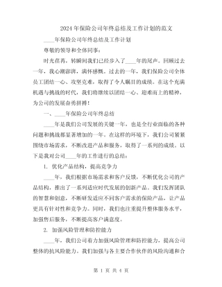 2024年保险公司年终总结及工作计划的范文