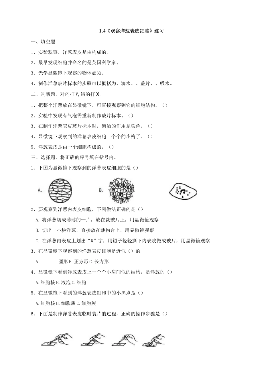 新教科版六年级上册科学1.4《观察洋葱表皮细胞》练习题(含答案)_第1页