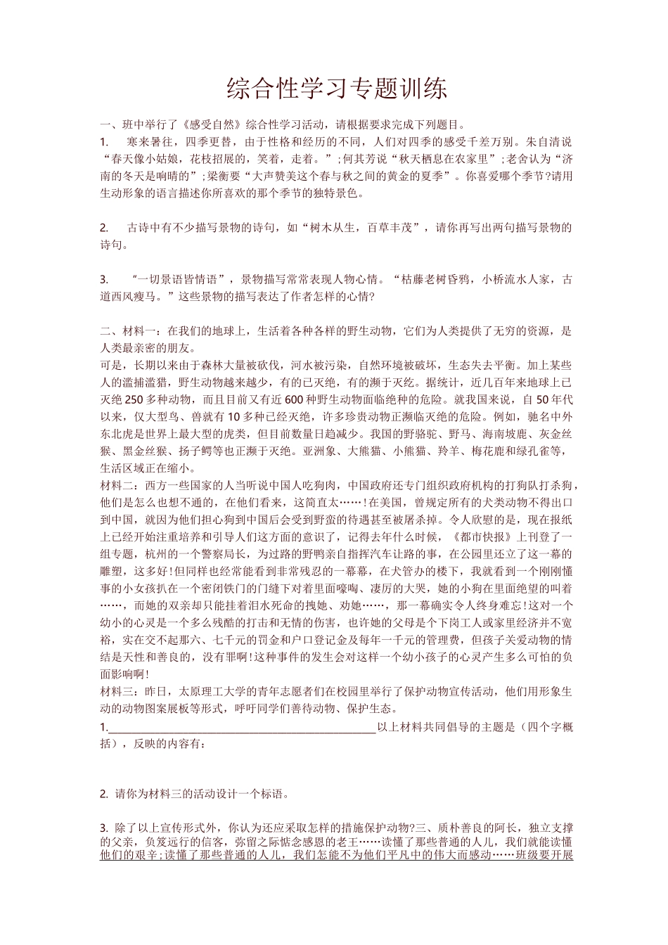 中考综合性学习专题训练-精选_第1页