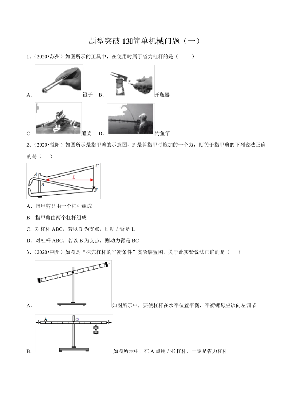 2021年苏科版中考物理易错点题型突破13-简单机械问题(一)_第1页