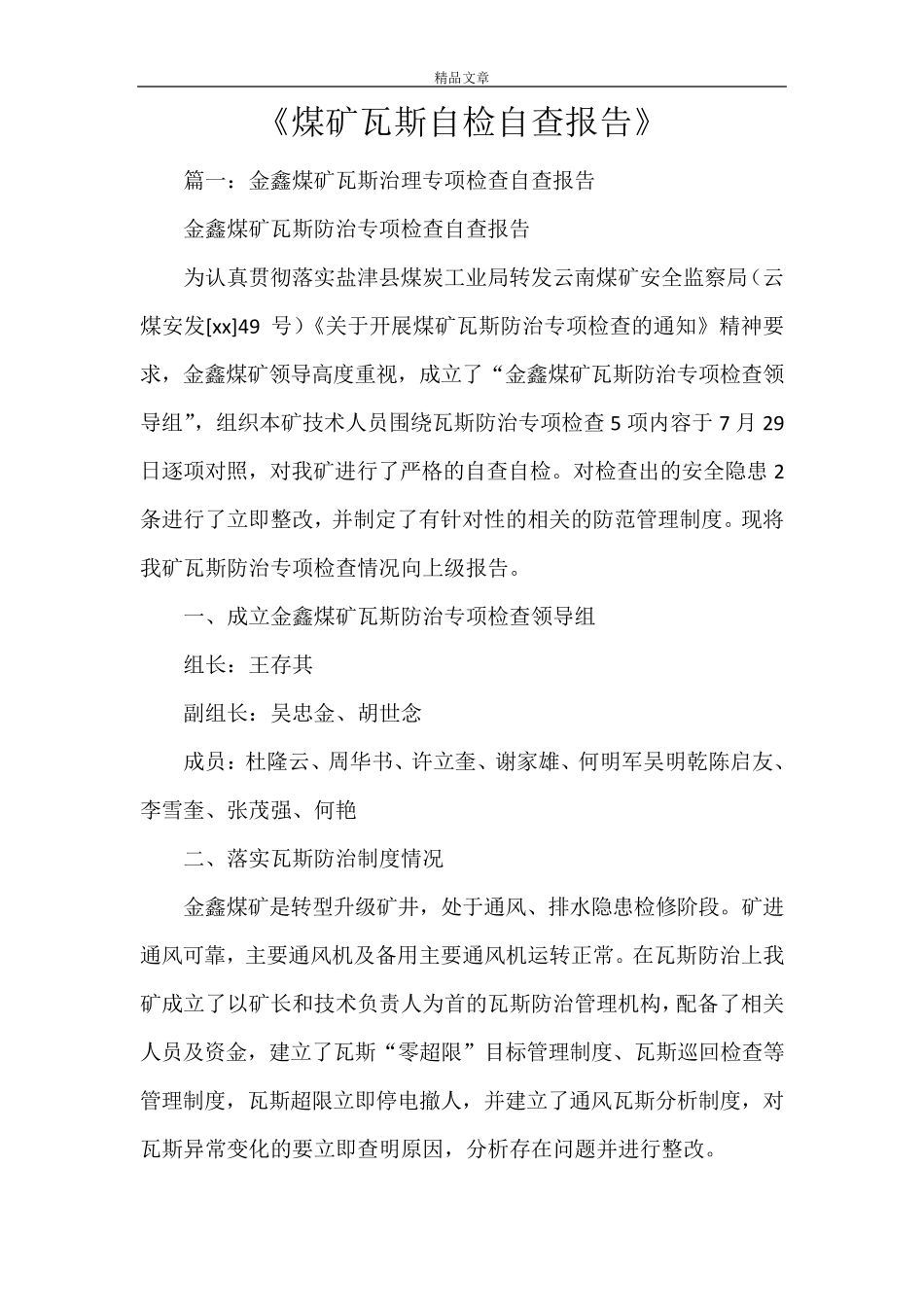 《煤矿瓦斯自检自查报告》_第1页