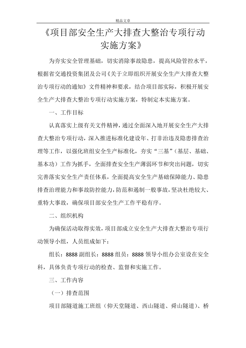 《项目部安全生产大排查大整治专项行动实施方案》_第1页