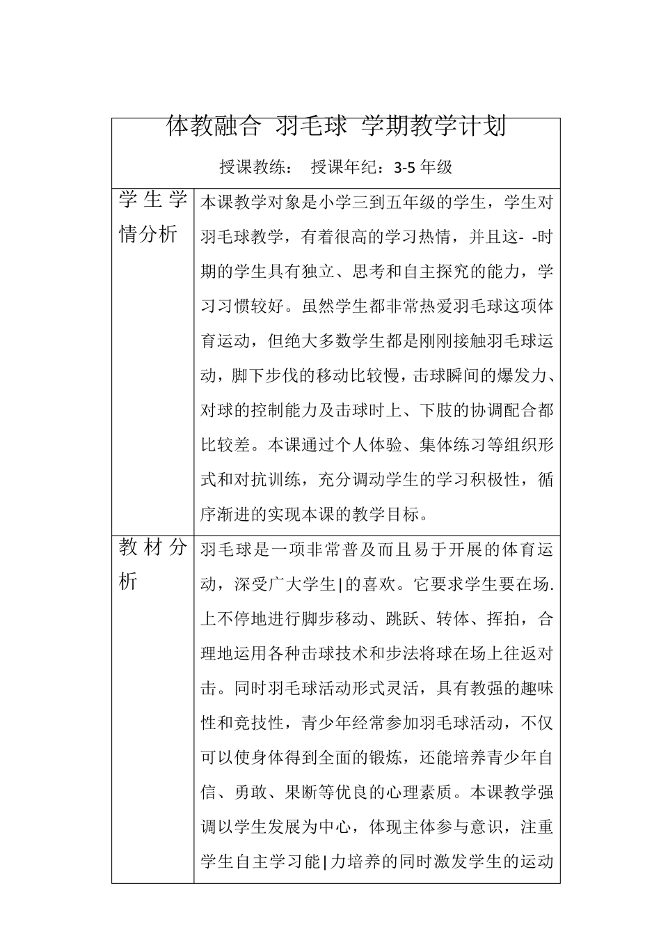 【最新原创】小学体育体教融合羽毛球项目(3-5年级)学期教学计划(训练内容)及教案_第1页