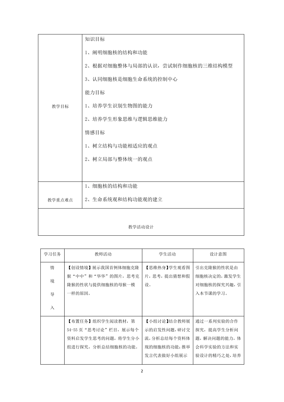 人教版(2019) 细胞核的结构和功能 教学设计_第2页