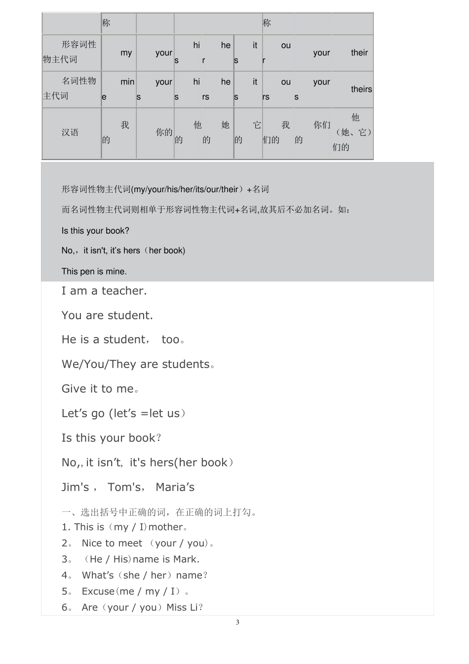 人称代词与物主代词表格_第3页