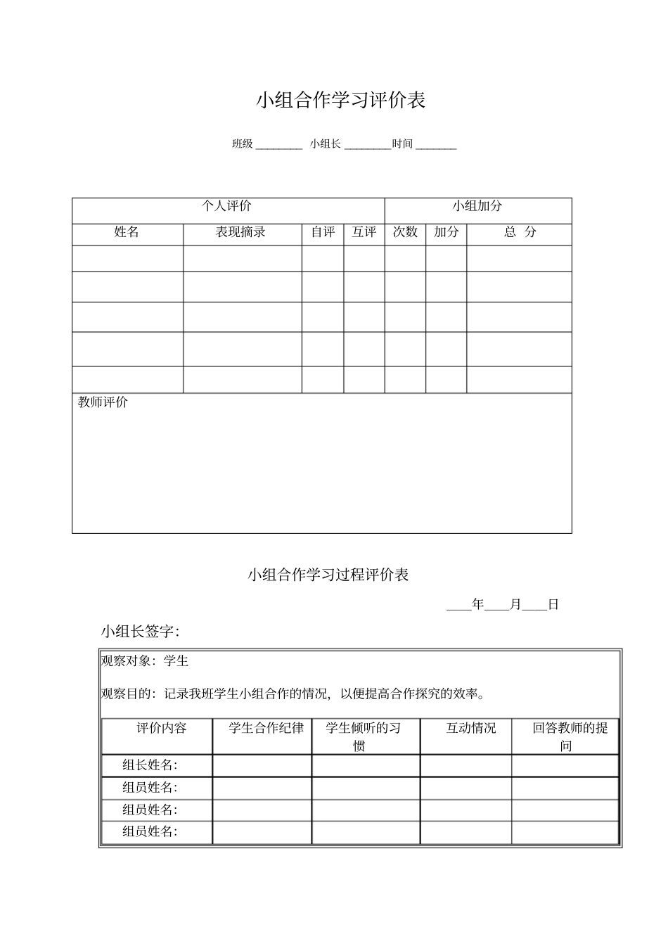 学生探究活动中的小组合作情况评价表_第1页