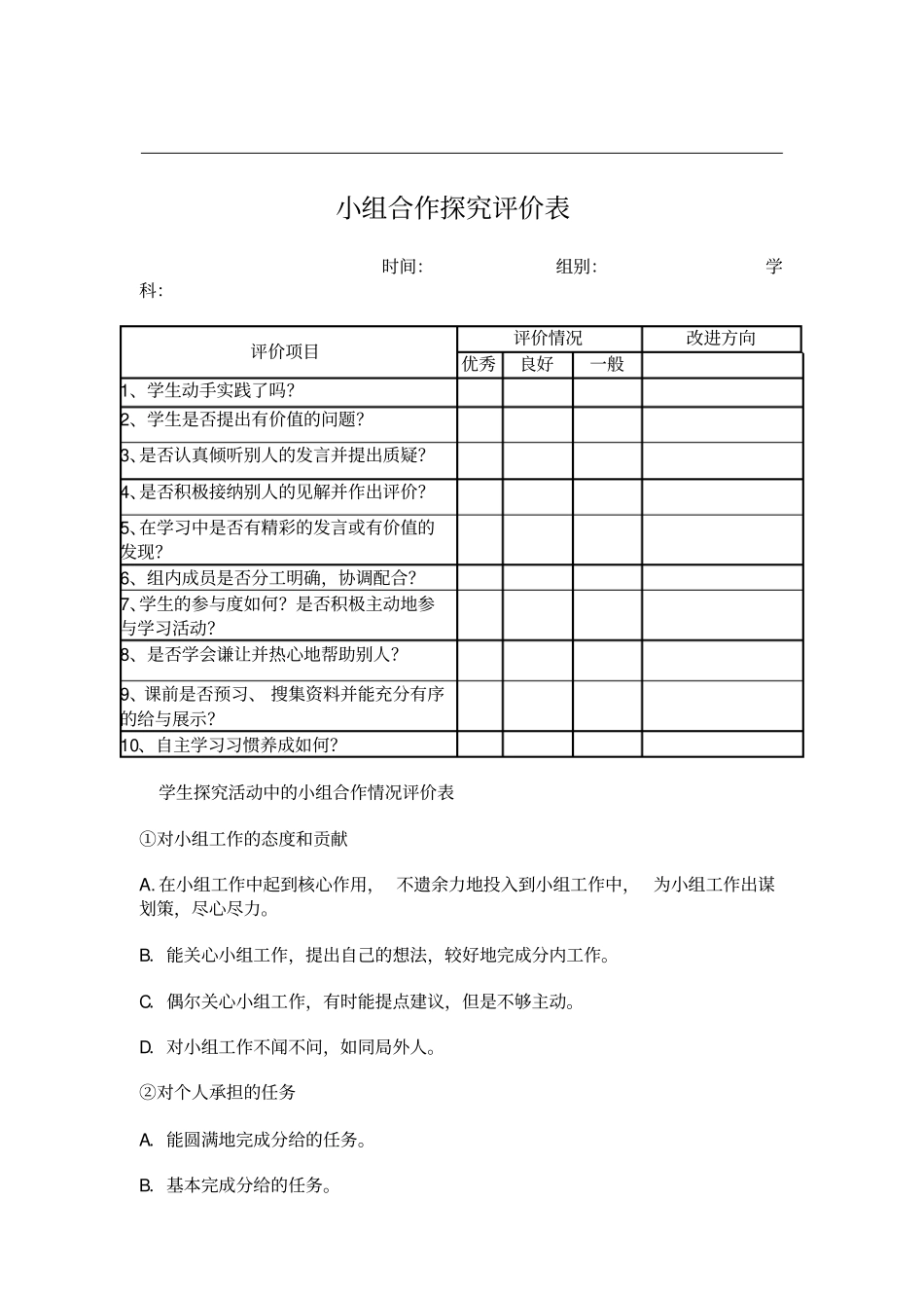 学生探究活动中的小组合作情况评价表_第2页
