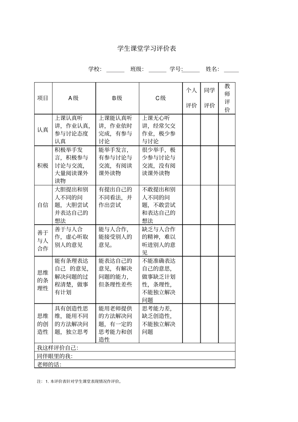 学生课堂学习情况评价表_第2页