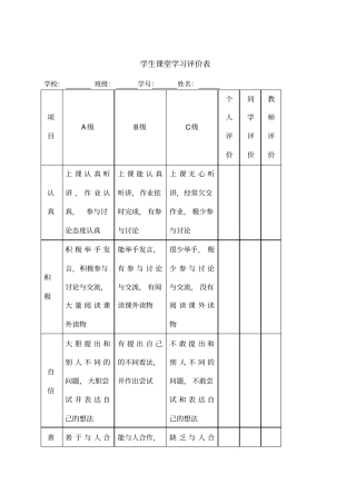 学生课堂学习评价表