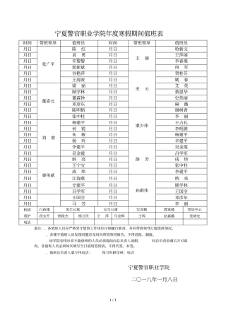 宁夏警官职业学院2018年寒假期间值班表