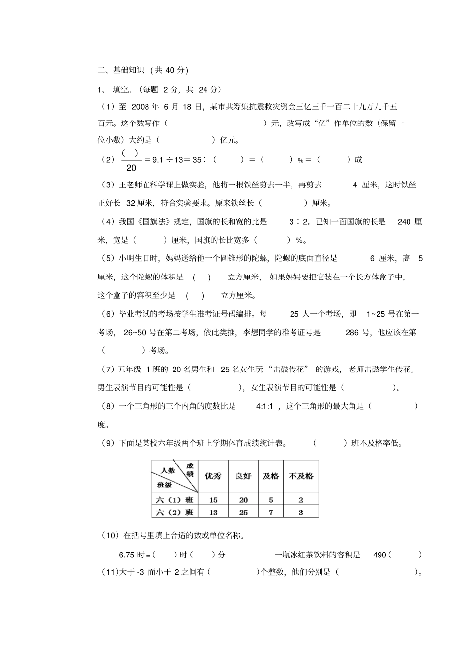 宁波海曙区小学毕业考试数学试卷及答案_第2页