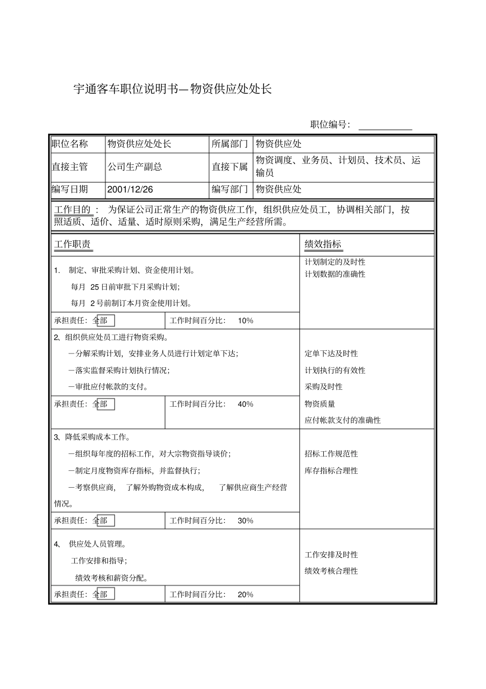 宇通客车职位说明书—物资供应处处长_第1页
