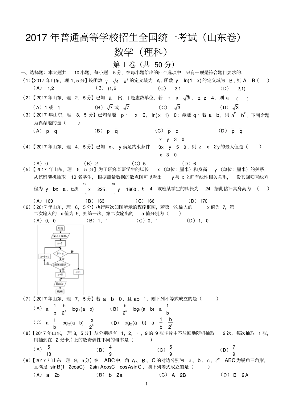完整2017年高考山东理科数学试题及答案版,推荐文档_第1页