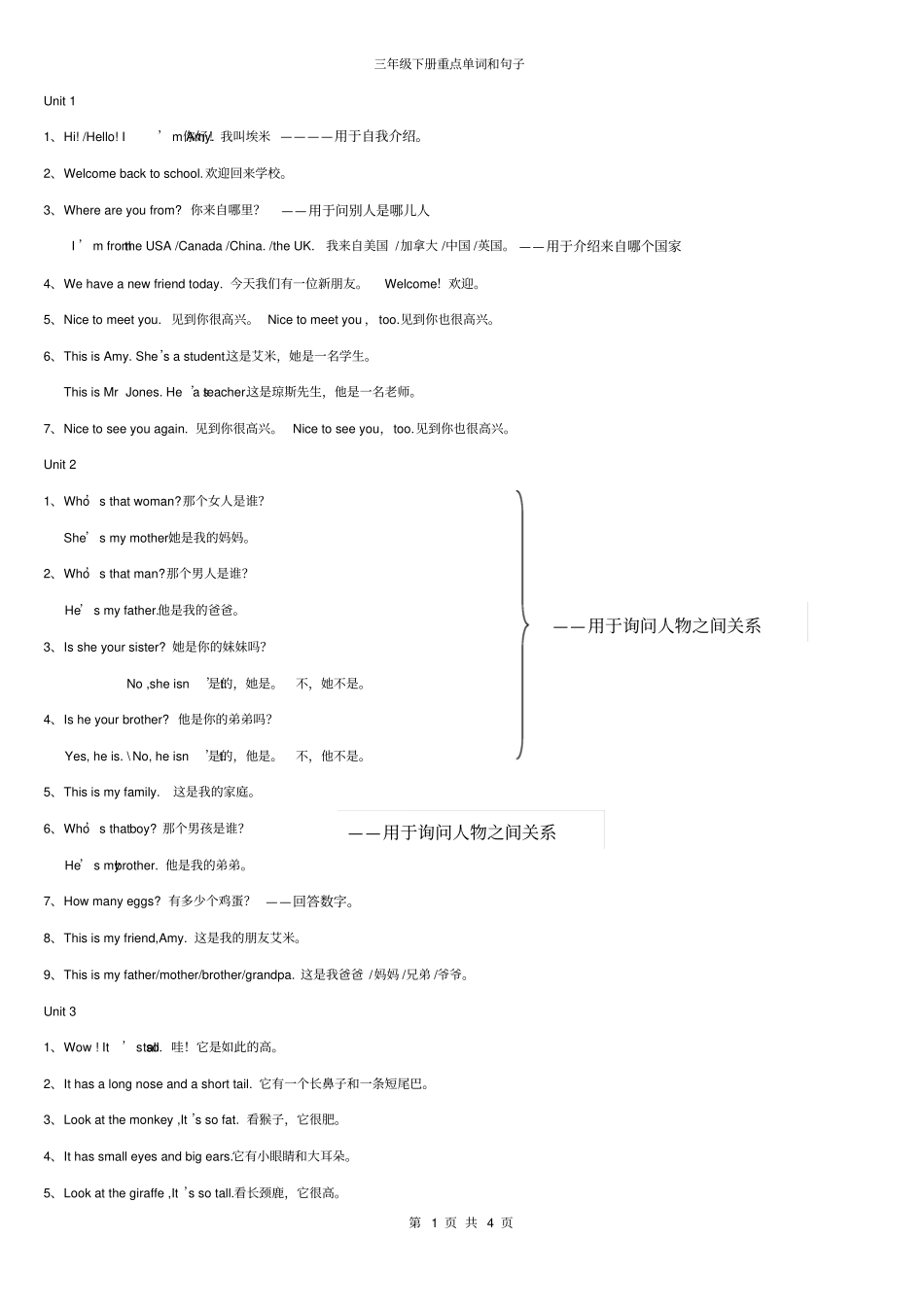 完整PEP三年级英语下册重点句子与单词_第1页