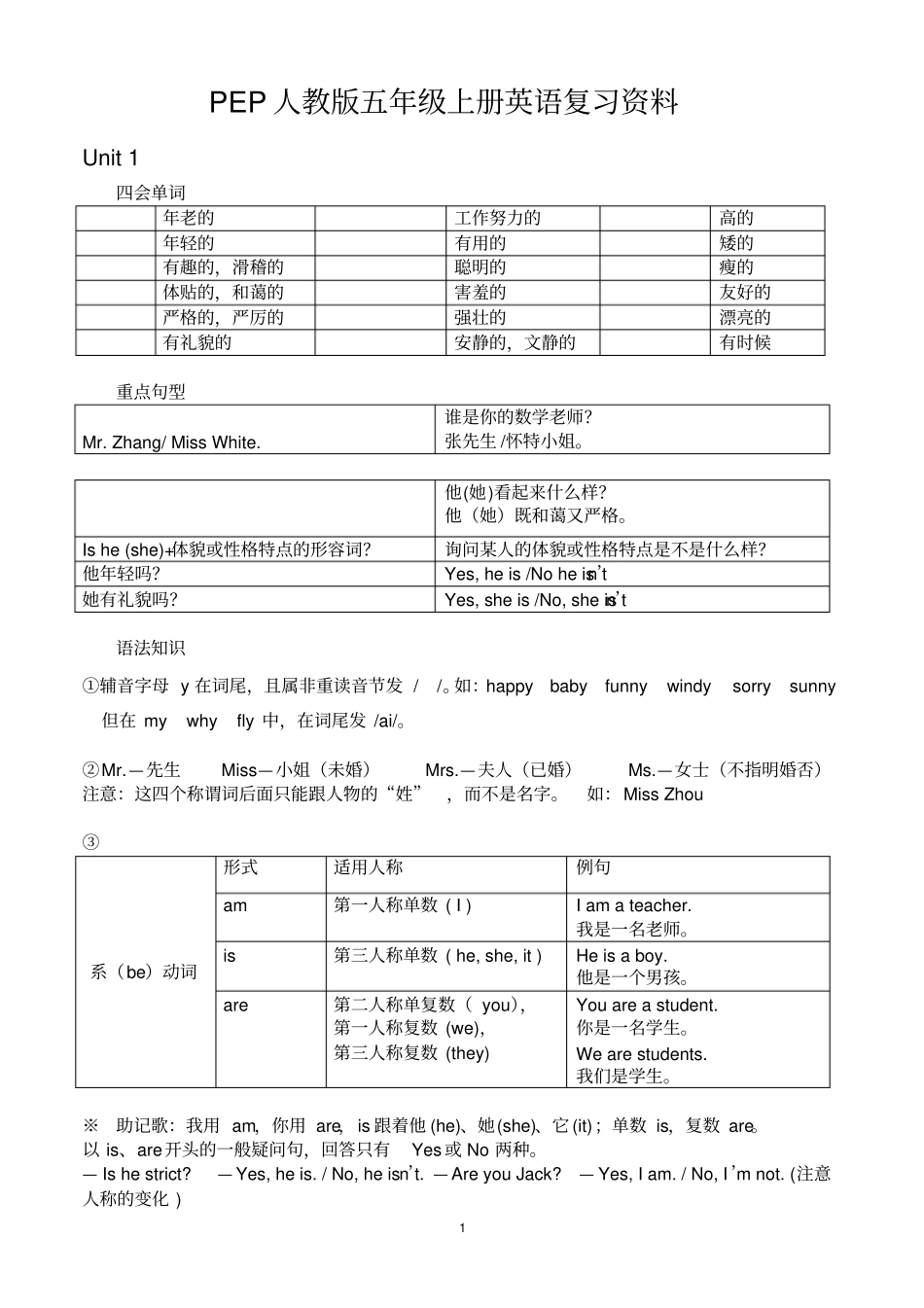 完整PEP人教版五年级上册英语期末复习默写单词和句子_第1页