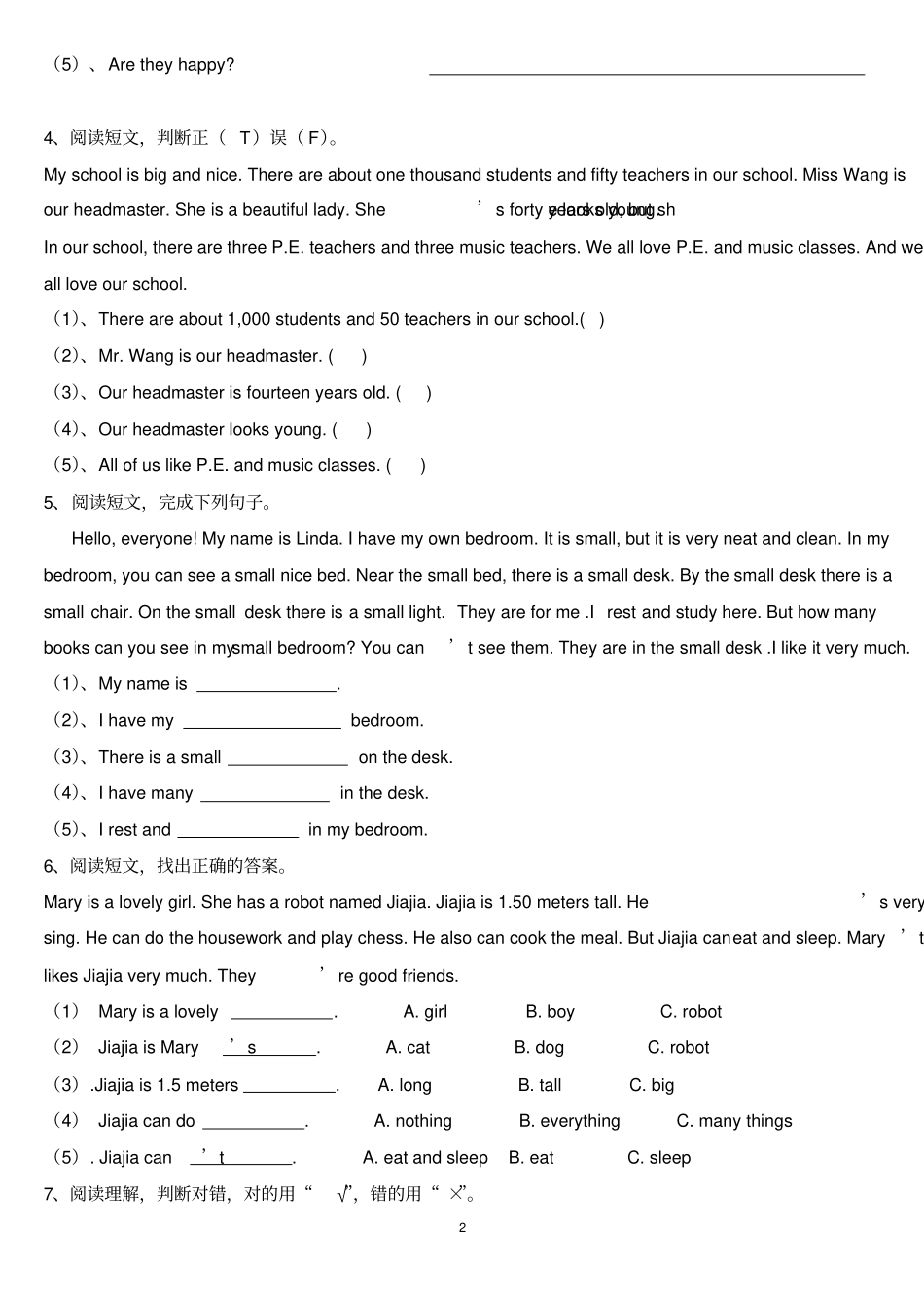 完整PEP人教版小学英语四年级下册阅读理解练习_第2页