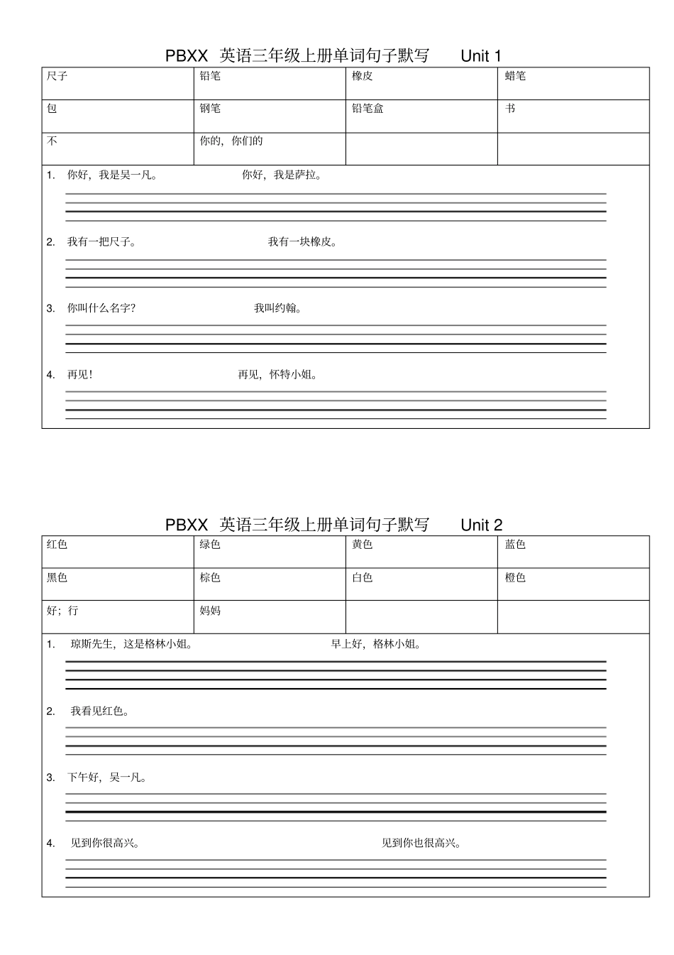 完整PEP小学英语三年级上册单词句子默写单【供毕业总复习用】_第1页