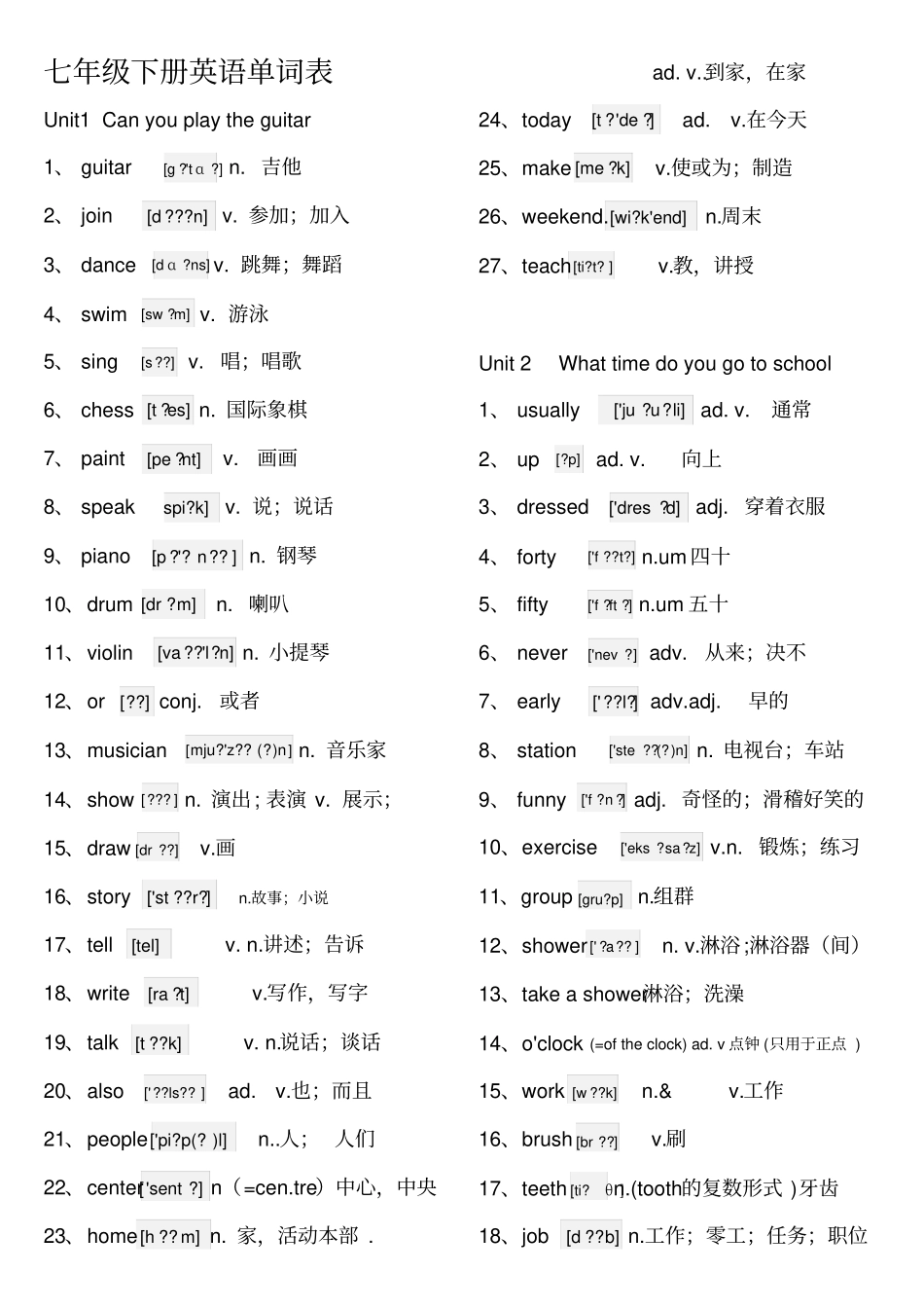 完整七年级下册英语单词表_第1页