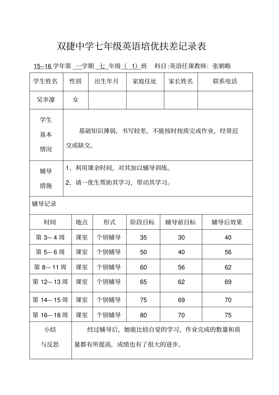 完整七年级英语上培优扶差记录表_第1页