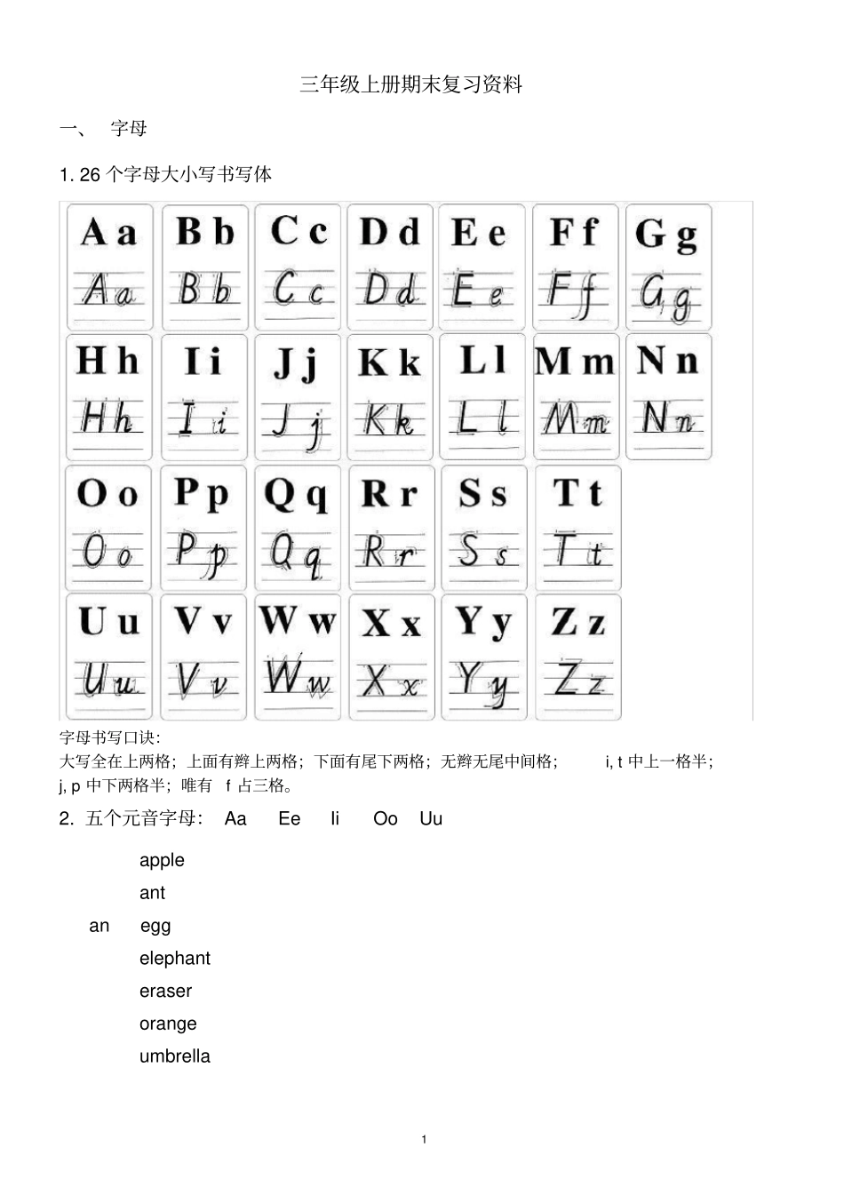 完整三年级上册英语期末总复习资料_第1页