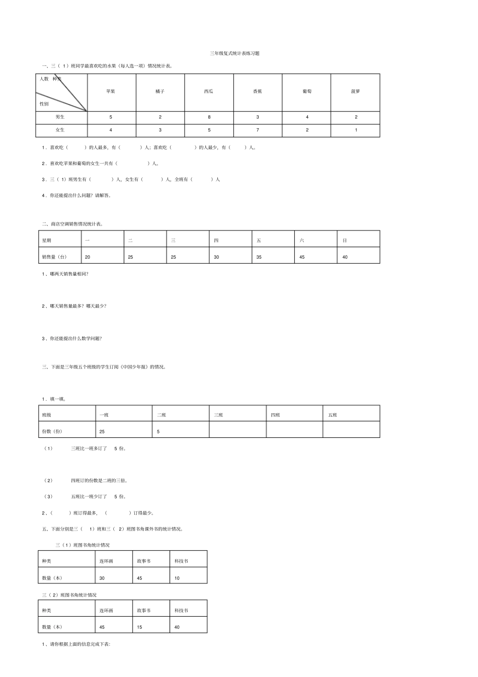 完整三年级复式统计表练习题_第1页
