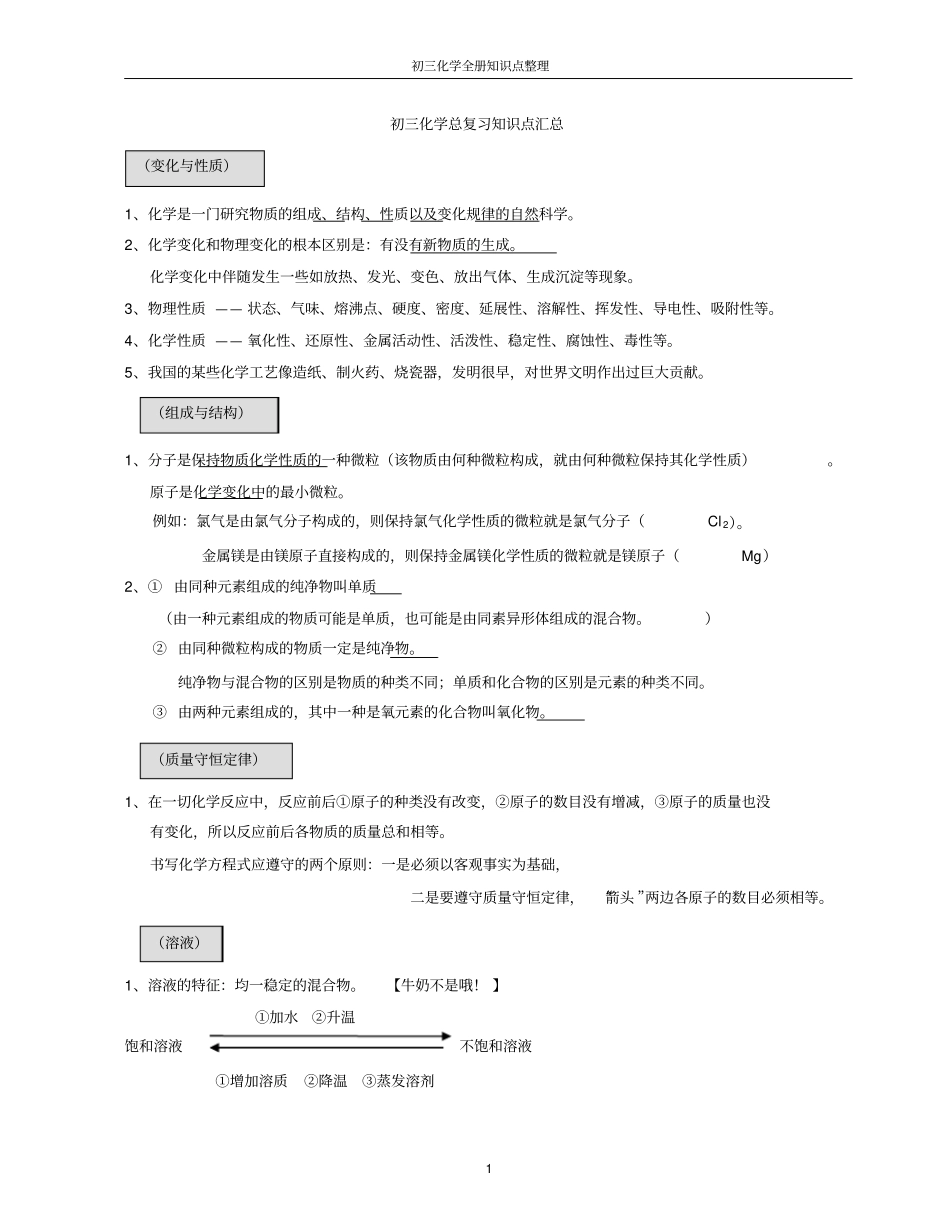 完整上海九年级化学全部知识点史上最全,推荐文档_第1页