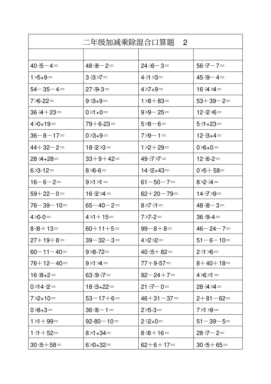 完整二年级上册加减乘除混合口算_第2页