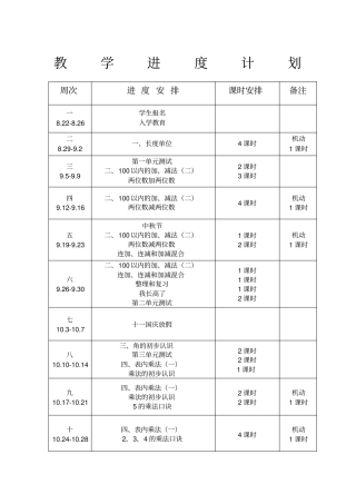 完整二年级上册数学教学进度表