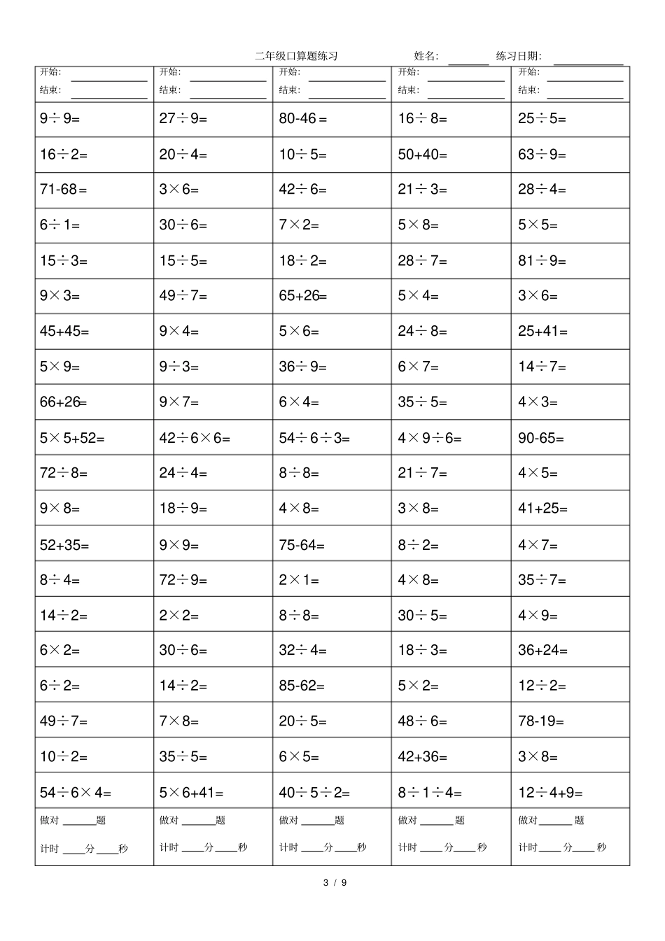 完整二年级乘除法口算题A4纸打印版_第3页