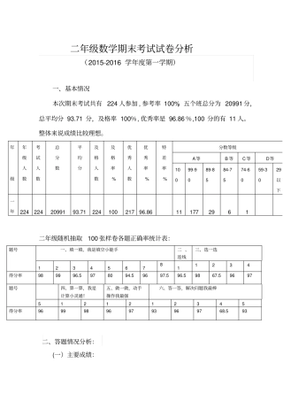 完整二年级数学上册期末试卷质量分析