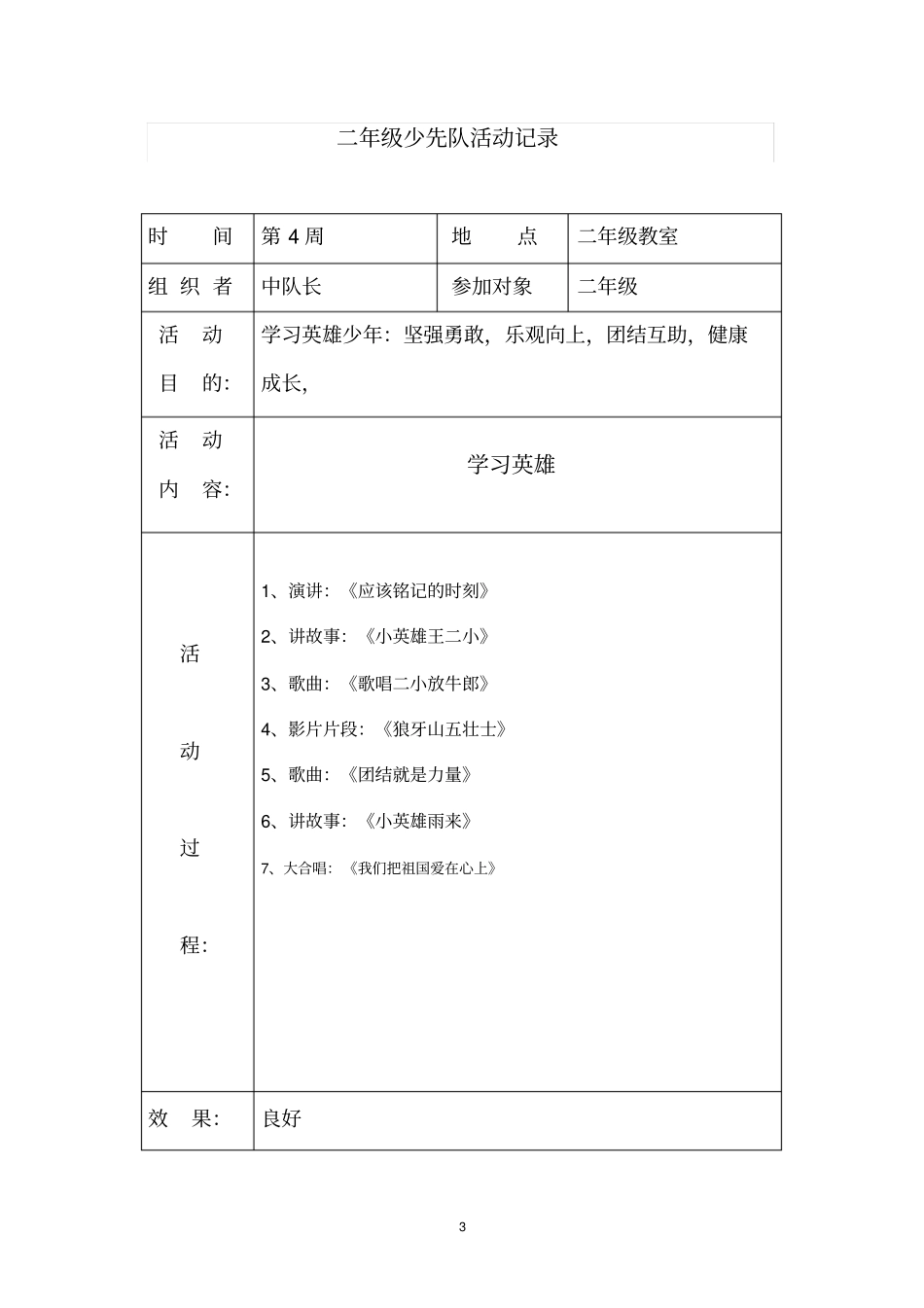 完整二年级班队活动记录表_第3页