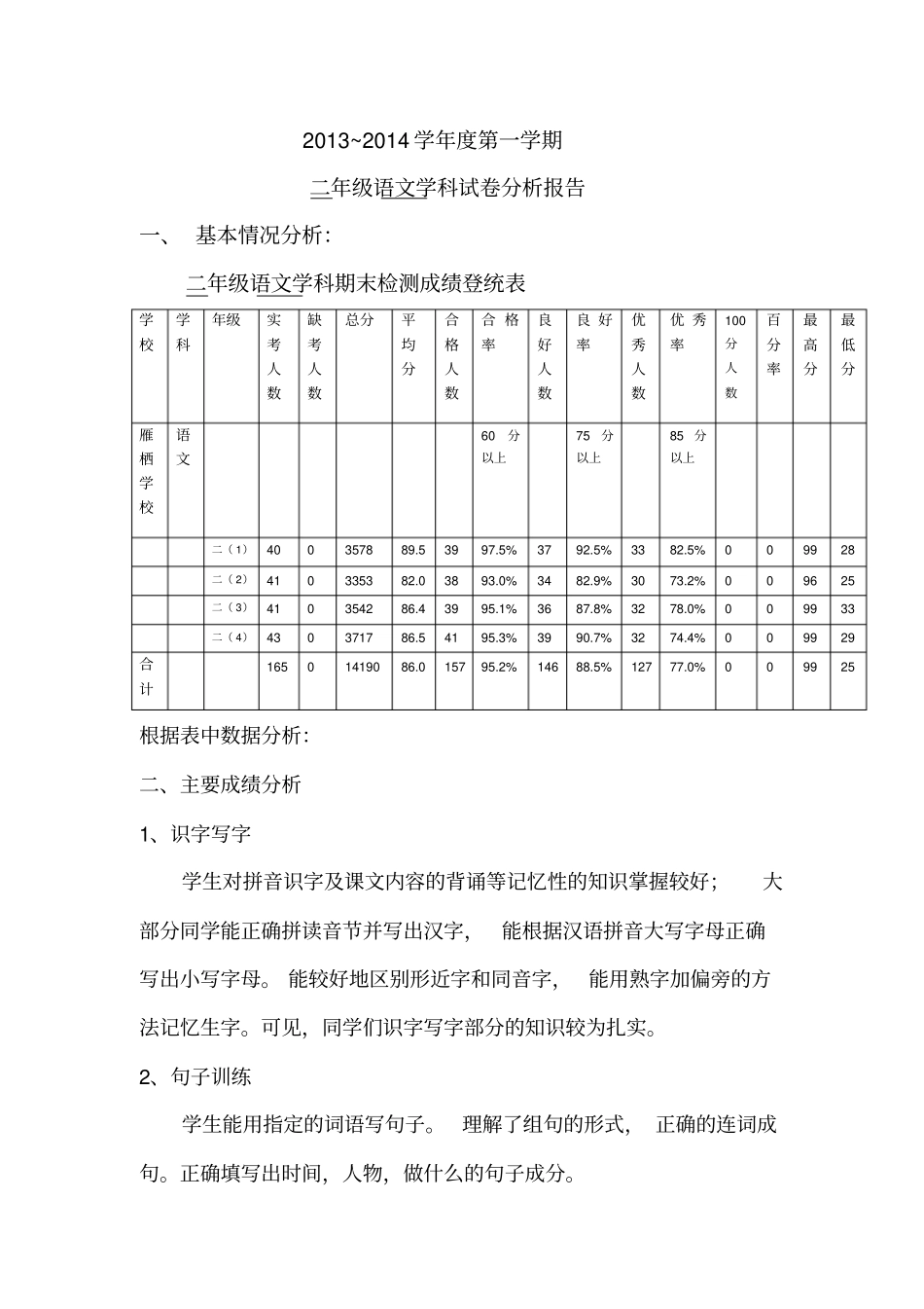 完整二年级语文期末考试质量分析报告_第1页