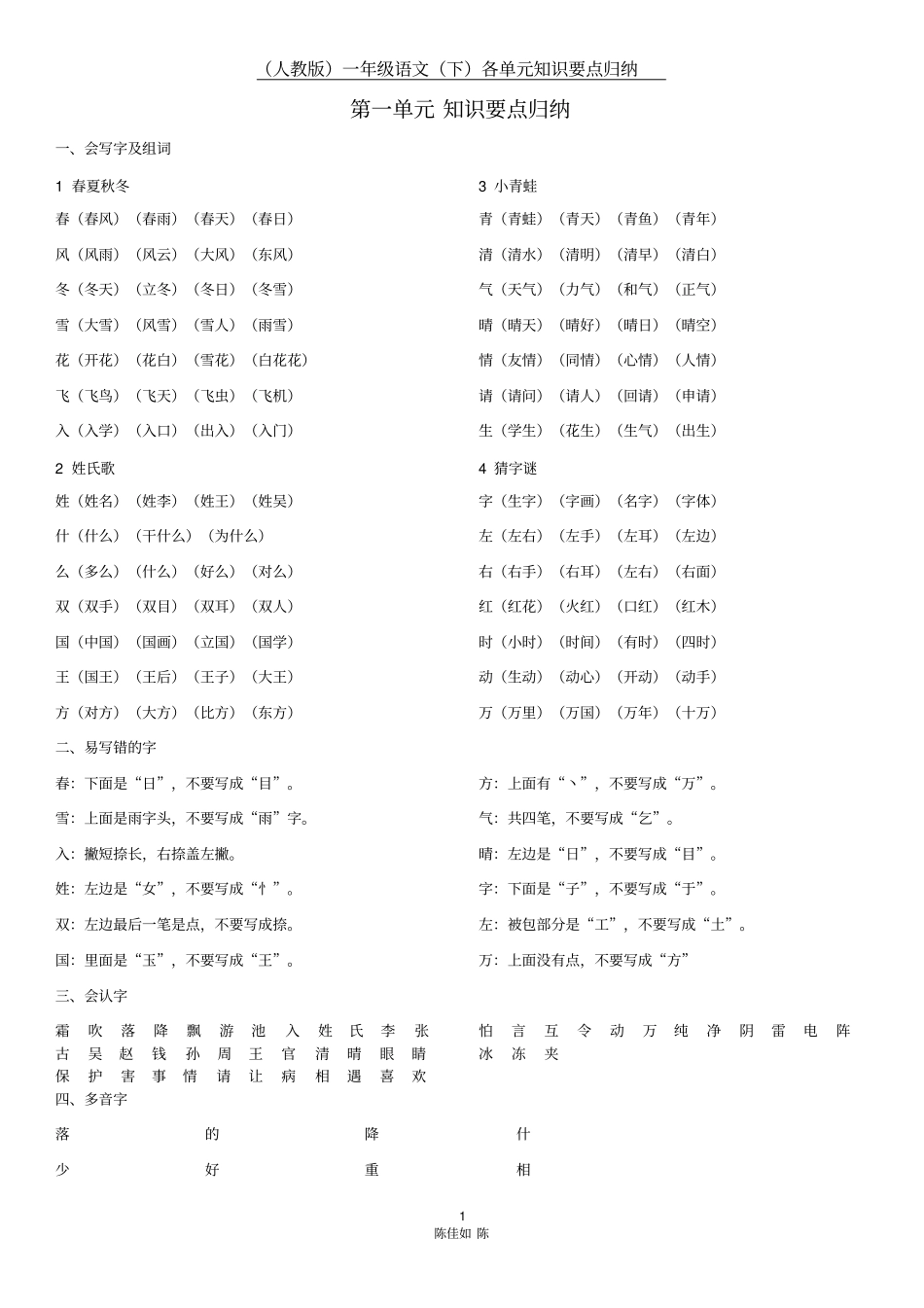 完整人教版一年级下册语文知识点归纳最新最全,推荐文档_第1页