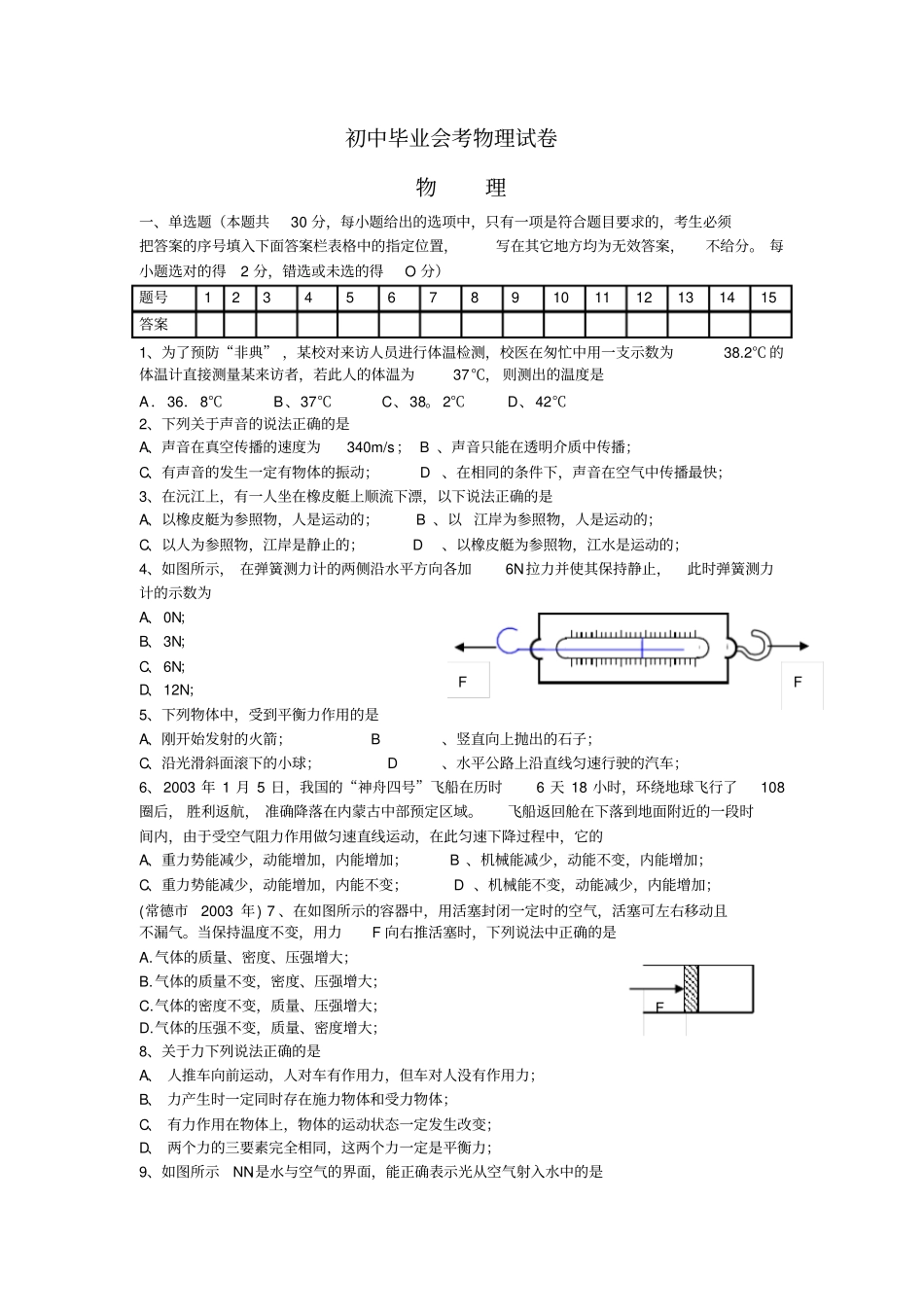 完整初中毕业会考物理试卷_第1页