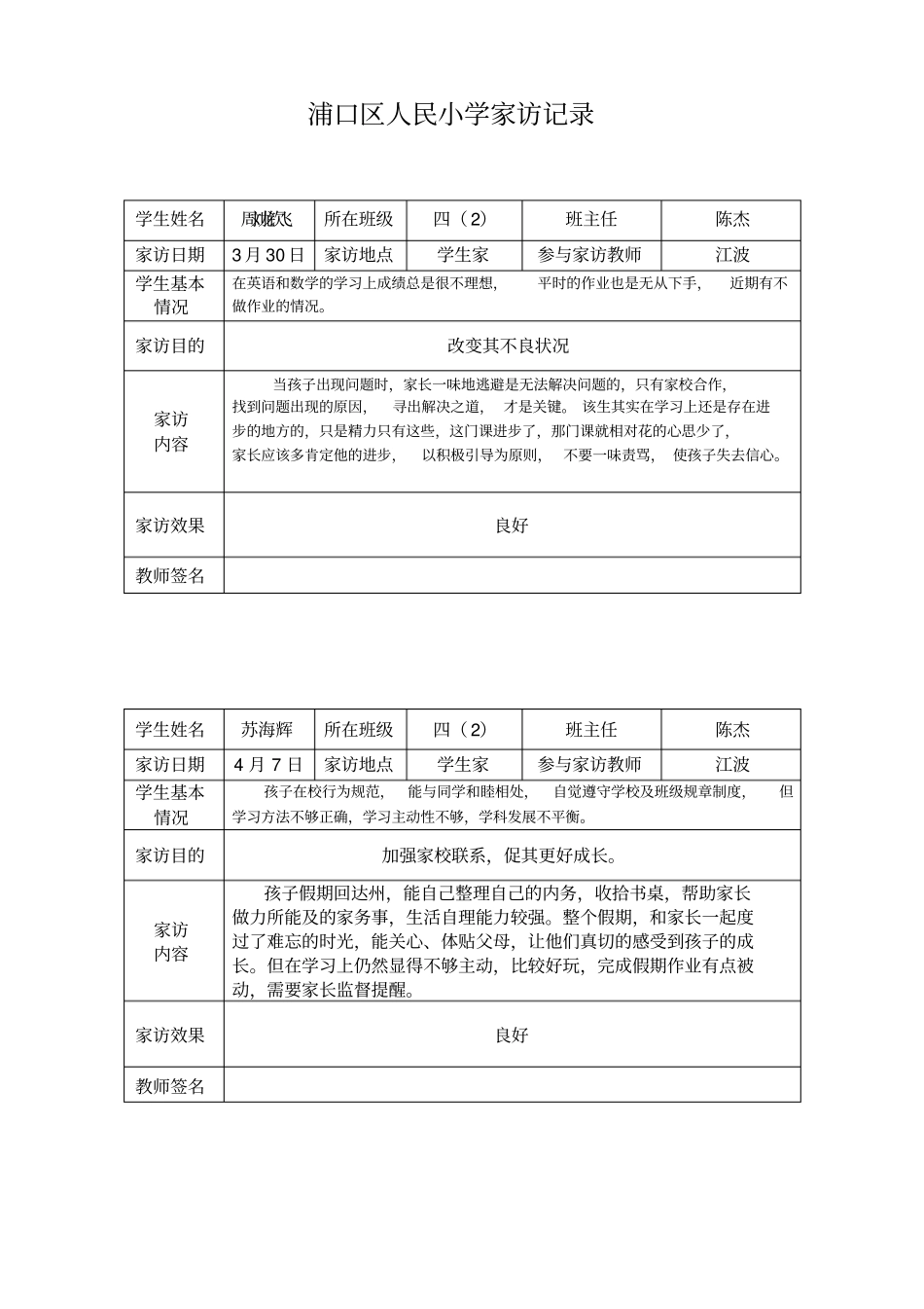 完整四年级家访记录_第2页
