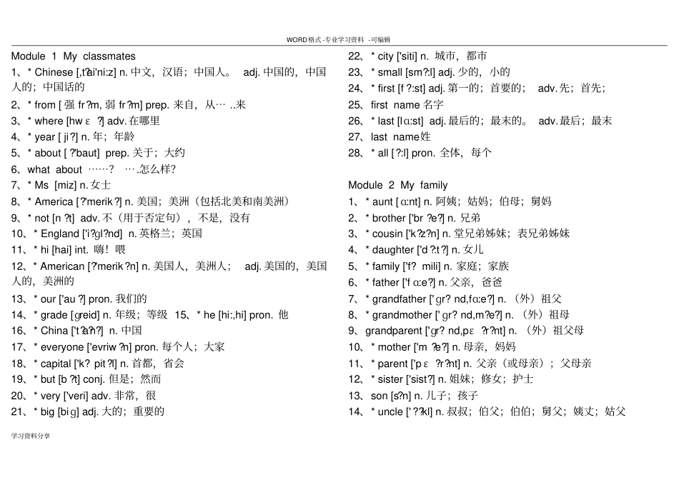 完整外研版七年级上册单词表_第1页