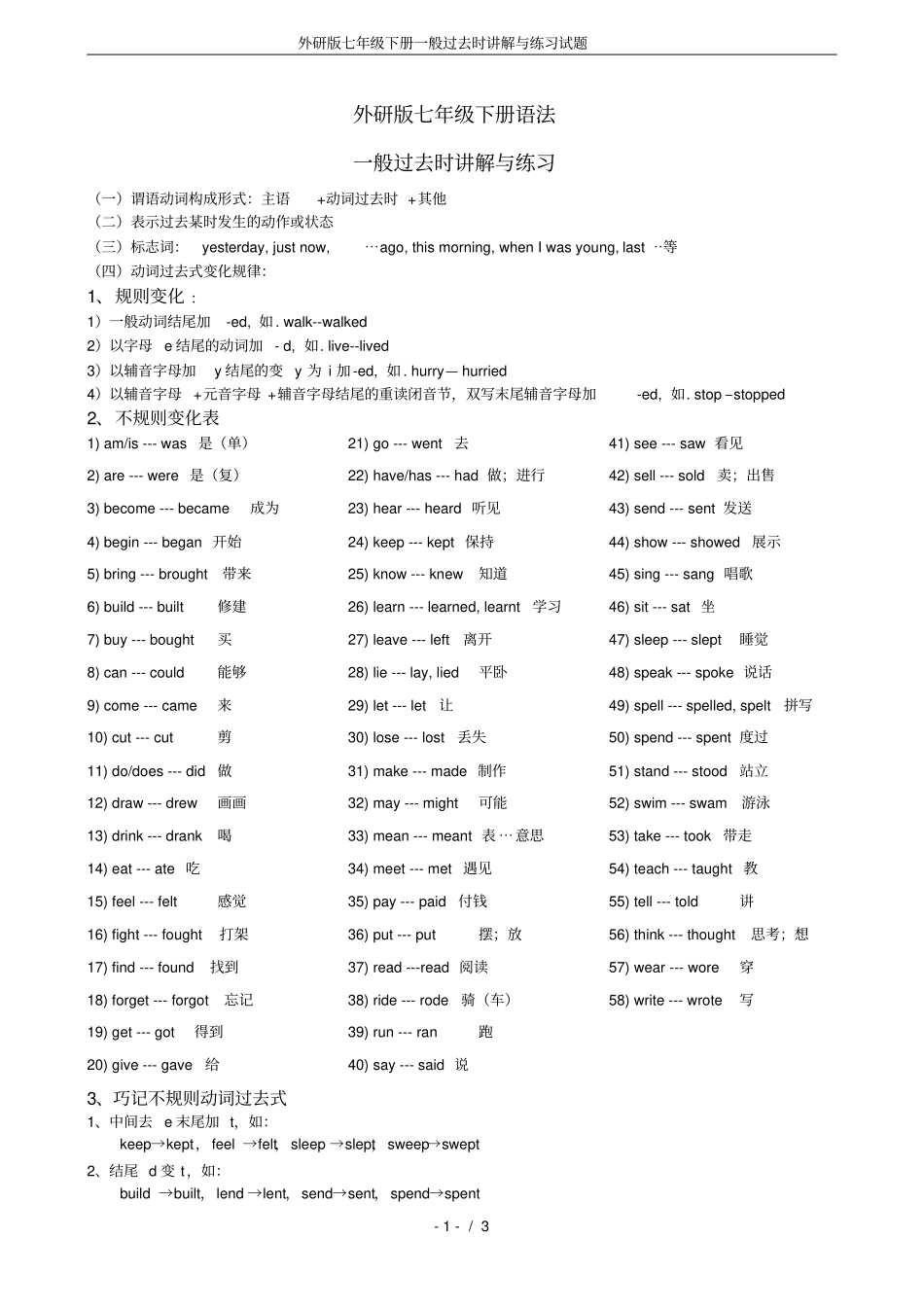 完整外研版七年级下册一般过去时讲解与练习试题_第1页