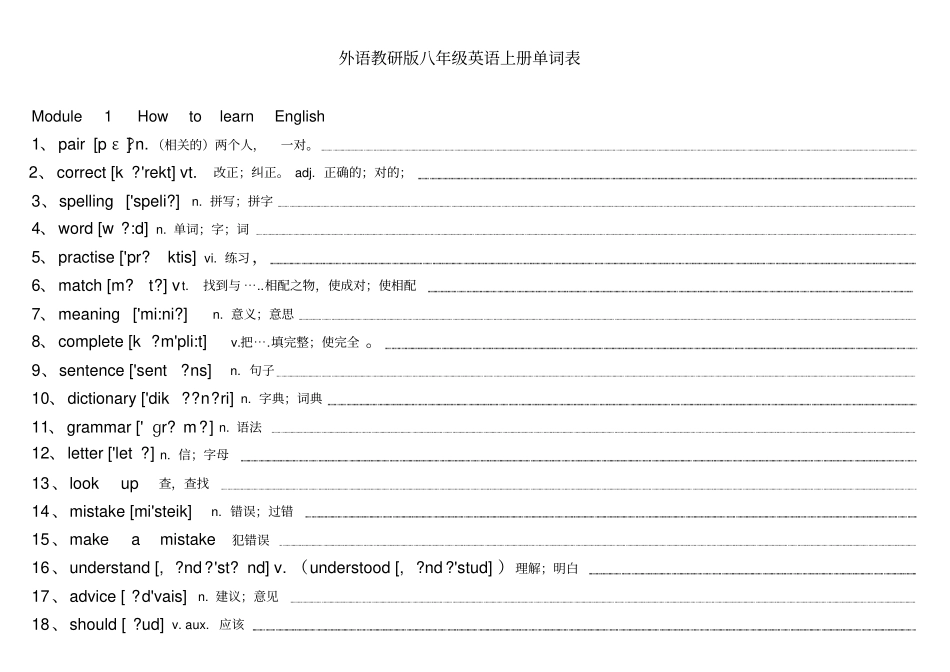 完整外研版八年级英语上册单词表_第1页
