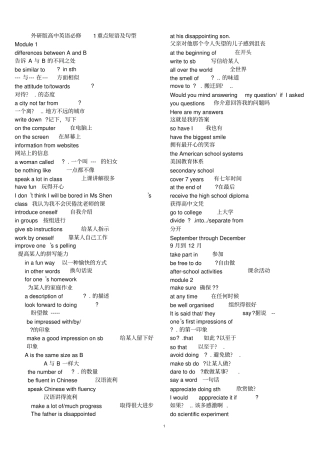 完整外研版高中英语必修1重点短语及句型