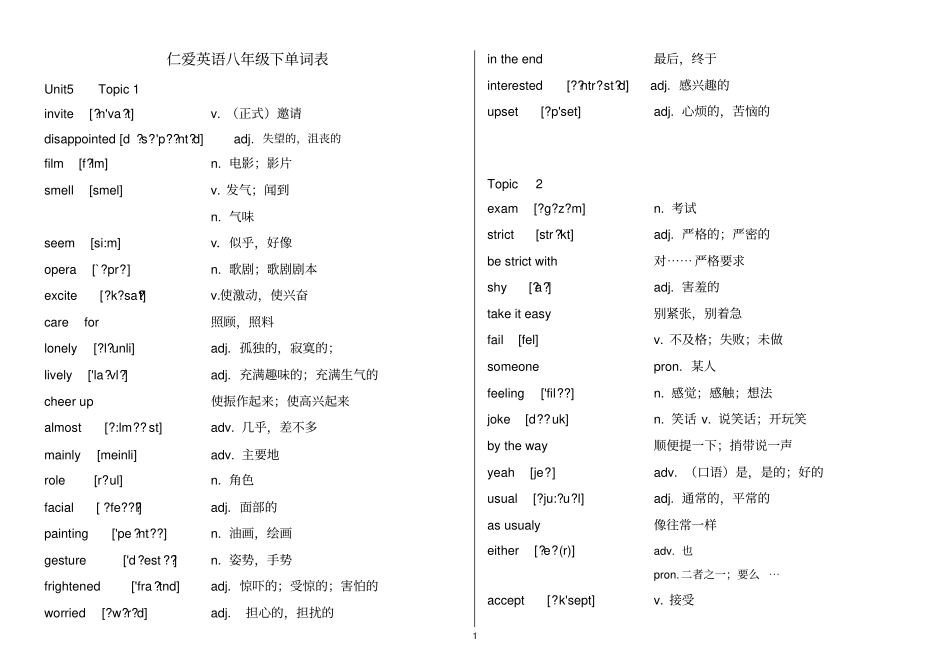 完整新版2015仁爱版八年级下英语单词背诵默写打印表带音标_第1页